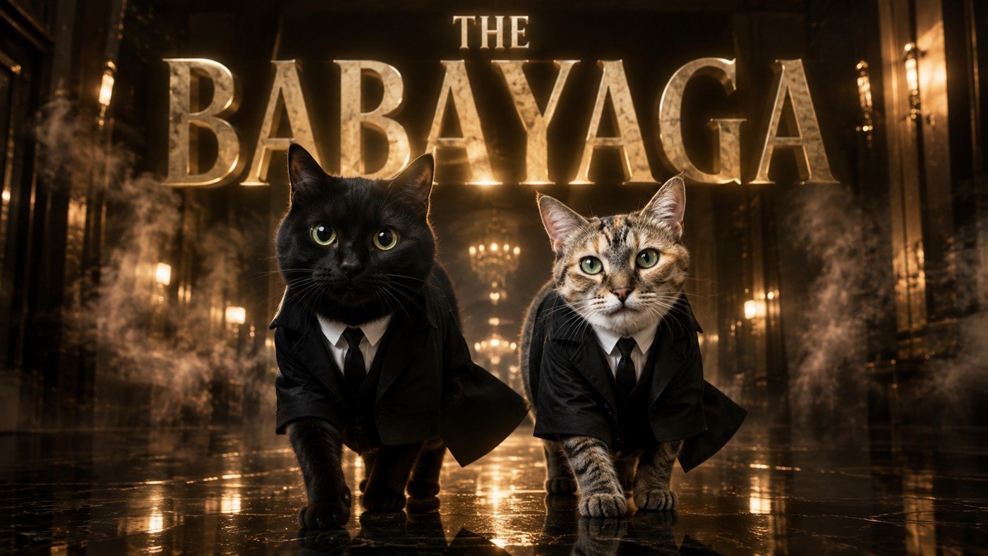 Baba and Yaga in a cinematic golden hallway with the BABAYAGA title